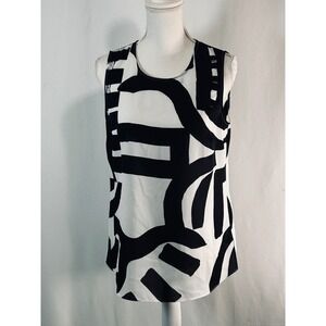 DKNY Womens Black White Abstract Geometric Print Sleeveless Shell Blouse Small